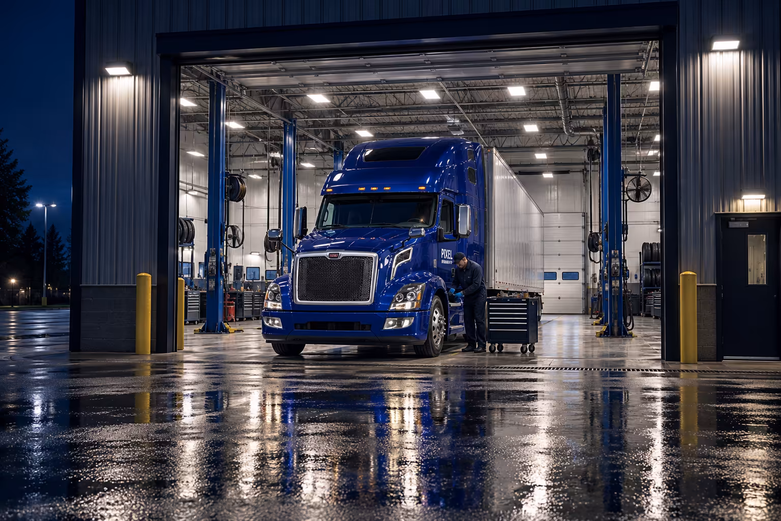 The workshop bay at night with a blue PIXEL truck inside