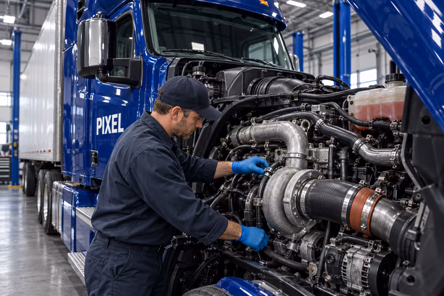A technician checking a heavy diesel engine