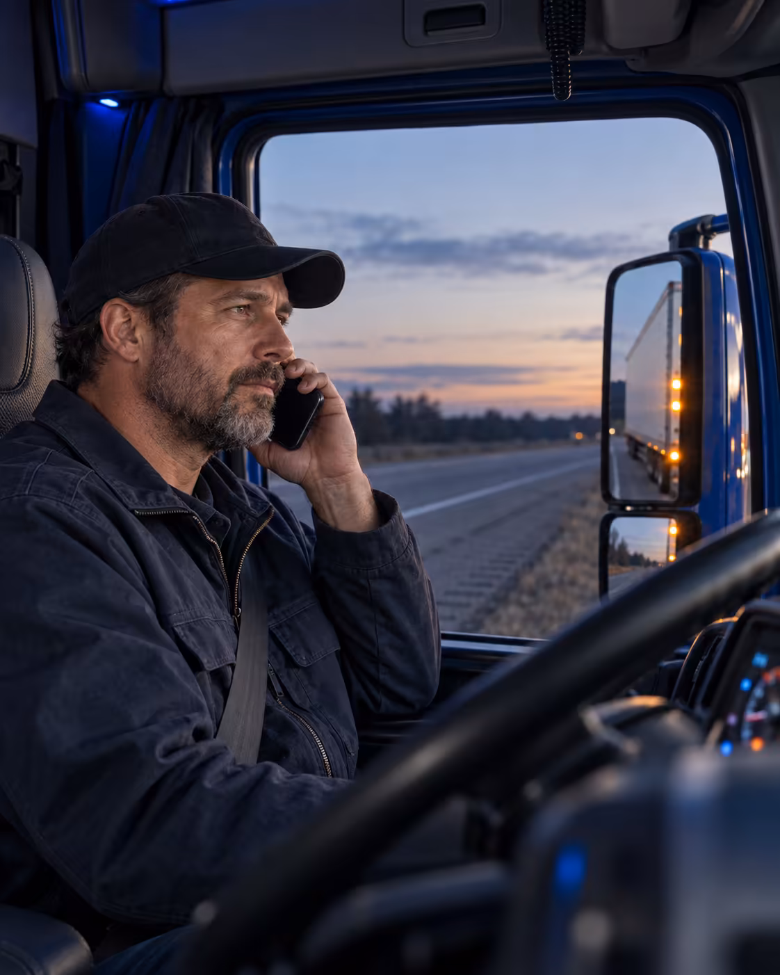 A truck driver calling from the cab on the highway shoulder.