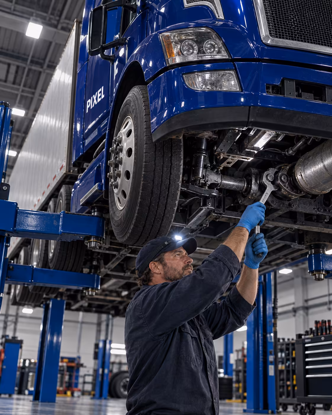 A technician working under a blue PIXEL truck on a lift.
