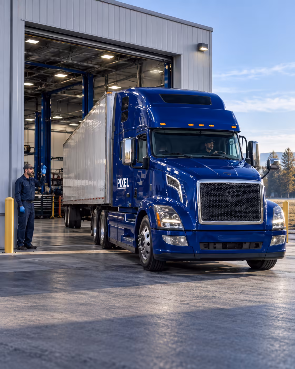 A blue PIXEL truck driving out of the workshop bay.