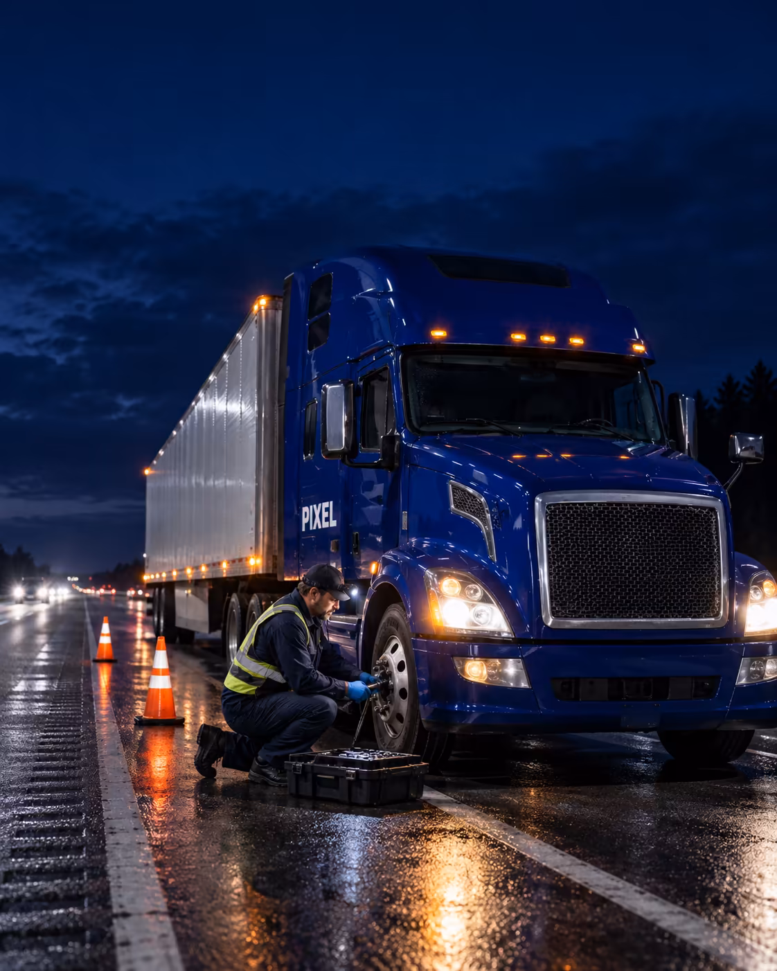 A technician in a safety vest helping a blue PIXEL truck on a highway shoulder at night.