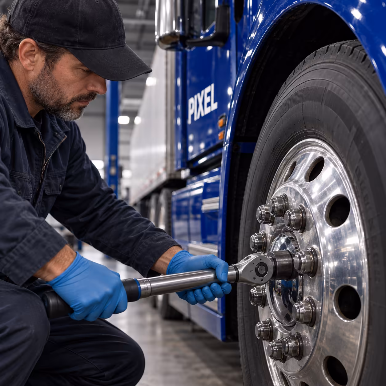 Gloved hands tightening truck wheel nuts with a torque wrench.