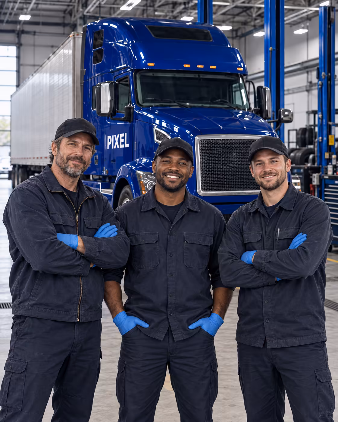 Three technicians in navy uniforms in front of a blue PIXEL truck in the workshop.